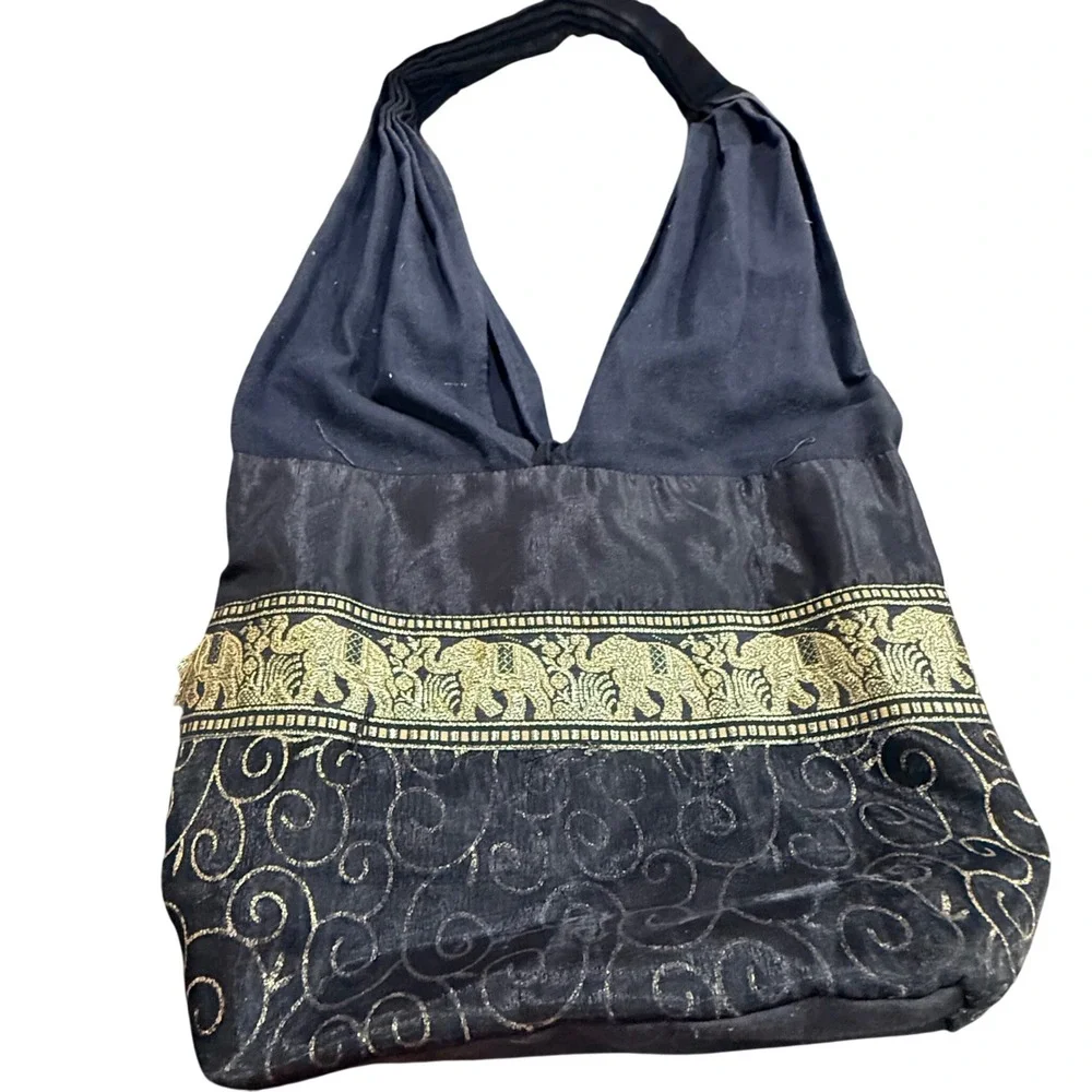 Black Gold Elephant Embroidered Boho Hobo Shoulder Bag‎ Coconut Button